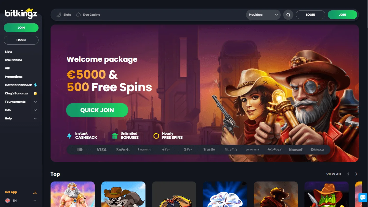 Bitkingz Casino desktop home screen