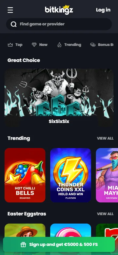 Bitkingz Casino mobile games screen on a smartphone