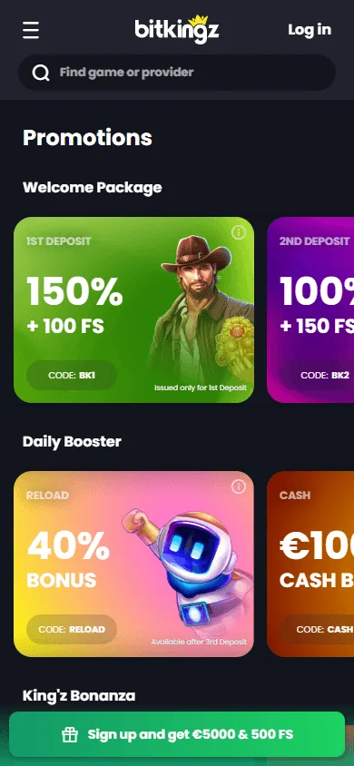 Bitkingz Casino mobile promotions screen on a smartphone